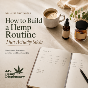 Weekly planner with hemp oil, gummies, and coffee on a clean neutral surface representing a hemp daily routine