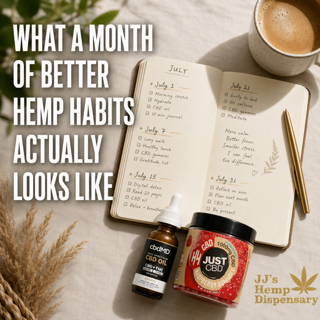 Journal with hemp products tracking one month of wellness habits in July