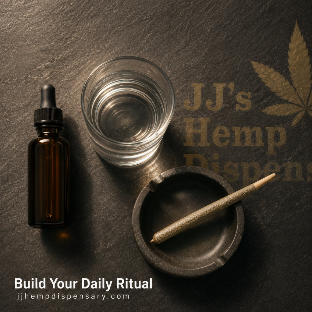CBD oil dropper and premium pre-roll on dark slate surface — hemp consumer daily ritual.