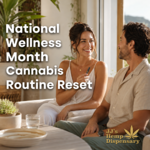 Wellness journal and hemp products representing a National Wellness Month cannabis routine reset
