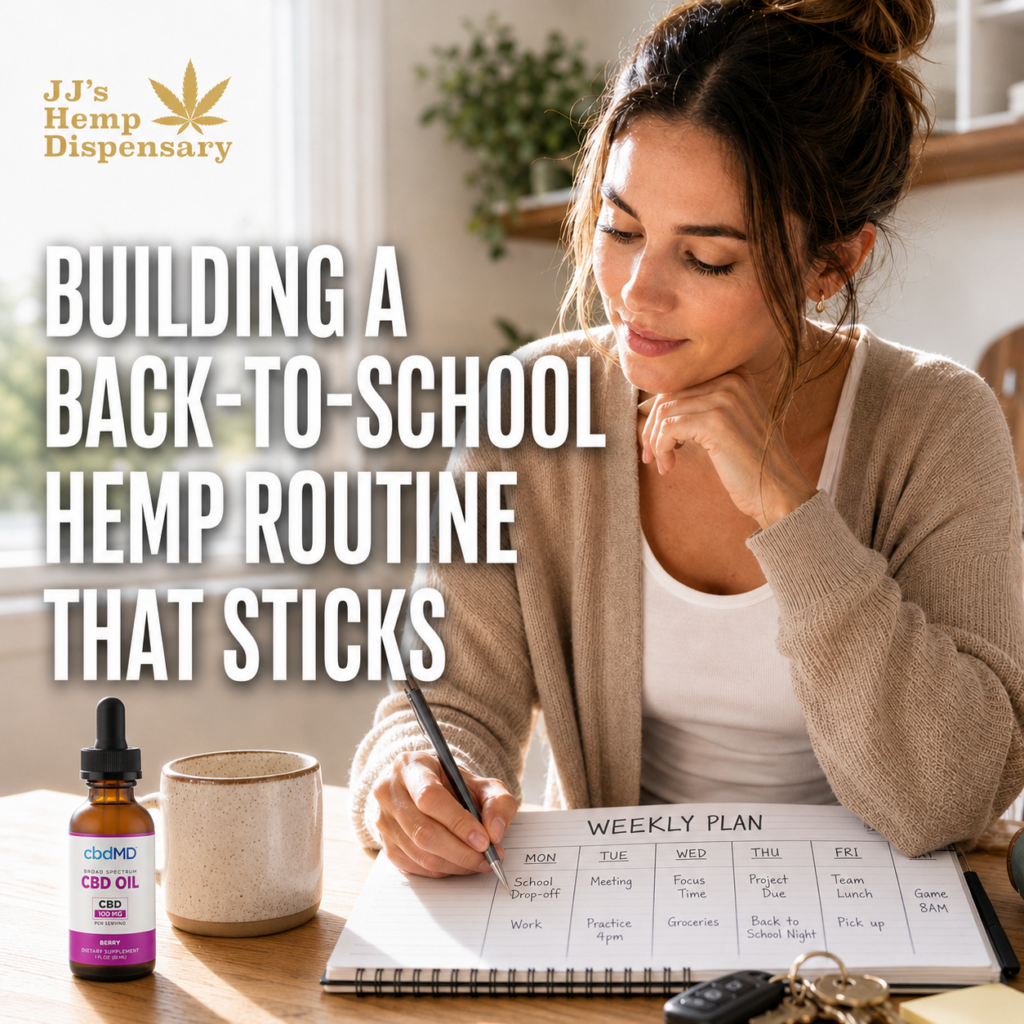 Planner and hemp oil representing a back-to-school hemp routine for late summer schedules