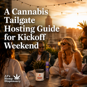 Hosting tray from a cannabis tailgate hosting guide featuring hemp products for kickoff weekend