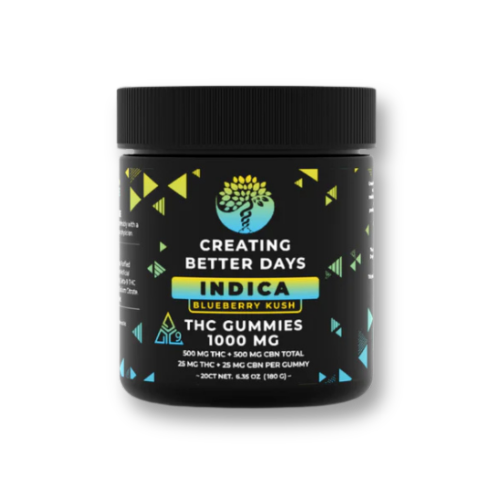 Creating Better Days 1:1 Ratio THC CBN Blueberry Kush premium hemp product available at JJ’s Hemp Dispensary in Southampton PA.