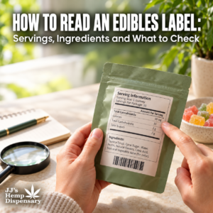 Adult shopper reviewing serving and ingredient information on a hemp edible label