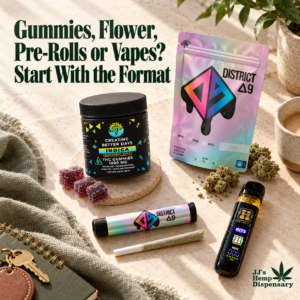 : Gummies, flower pouch, pre-roll and vape formats arranged for a JJ’s Hemp Dispensary shopping guide