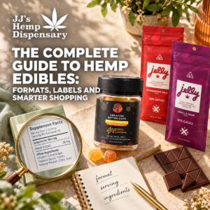 Hemp edibles guide showing packaged gummies and product label details at JJ’s Hemp Dispensary